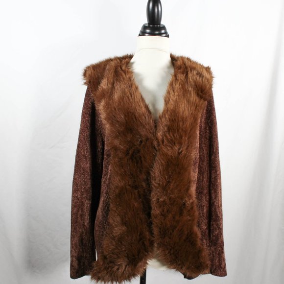 Vintage 1990s Brown Knit Cardigan with Faux Fur Collar – Plus Size 1X - Picture 2 of 9